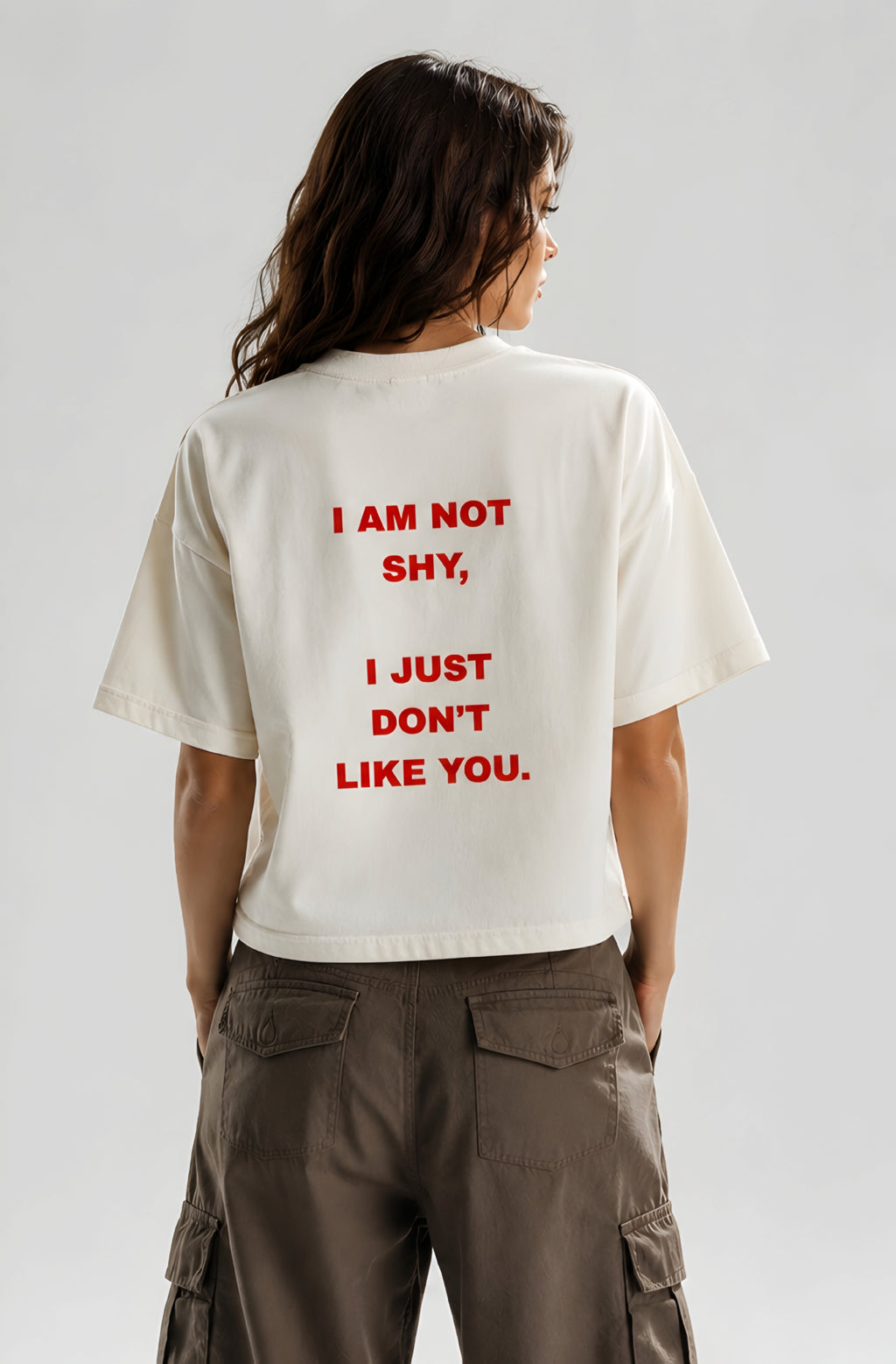 Not shy off white cropped tshirt