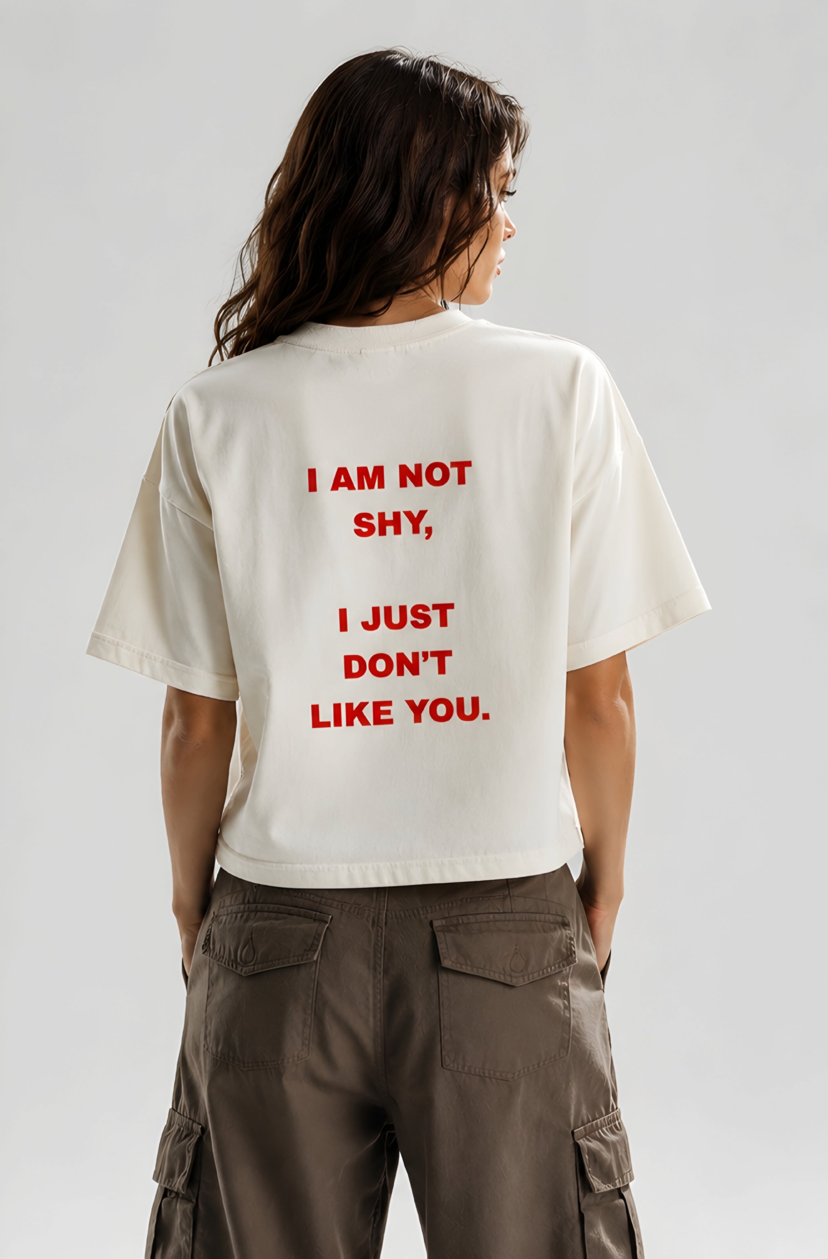 Not shy off white cropped tshirt